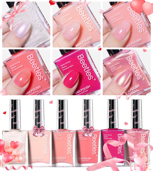 Picture of Beetles Nail Polish Set Heartbeat-6 Colors Hot Pink White Jelly Nude Pink Nail Polish Set Shimmer Pearl Quick Dry Finger Nail Polish DIY Nail Art Salon Home Valentines Gift for Women