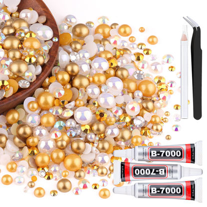 Picture of 80g Flatback Pearls and Rhinestones for Crafting, White Brown 3-10mm Resin Rhinestones and Half Pearls for Bedazzling, Nail Art and Dec with 3pcs 10ml B7000 Jewelry Glue, Tweezer and Pickup Pencil