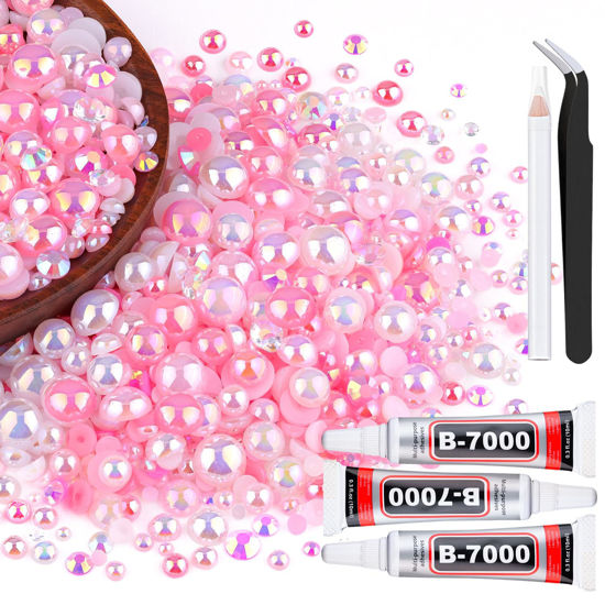 Picture of 80g Flatback Pearls and Rhinestones for Crafting, Pink White 3-10mm Resin Rhinestones and Half Pearls for Bedazzling, Nail Art and Dec with 3pcs 10ml B7000 Jewelry Glue, Tweezer and Pickup Pencil