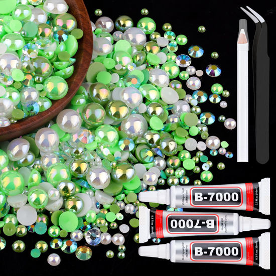 Picture of 80g Flatback Pearls and Rhinestones for Crafting, Green 3-10mm Resin Rhinestones and Half Pearls for Bedazzling, Nail Art and Dec with 3pcs 10ml B7000 Jewelry Glue, Tweezer and Pickup Pencil