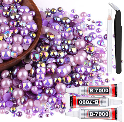 Picture of 80g Flatback Pearls and Rhinestones for Crafting, Purple 3-10mm Resin Rhinestones and Half Pearls for Bedazzling, Nail Art and Dec with 3pcs 10ml B7000 Jewelry Glue, Tweezer and Pickup Pencil