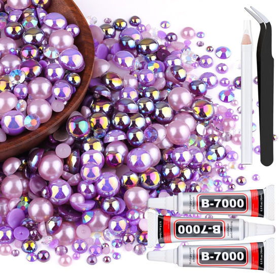 Picture of 80g Flatback Pearls and Rhinestones for Crafting, Purple 3-10mm Resin Rhinestones and Half Pearls for Bedazzling, Nail Art and Dec with 3pcs 10ml B7000 Jewelry Glue, Tweezer and Pickup Pencil