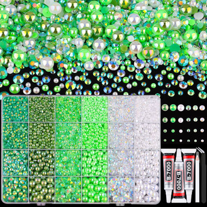 Picture of 9000PCS Flatback Pearls and Rhinestones for Crafting, Green 3-10mm Resin Rhinestones and Half Pearls for Bedazzling, Nail Art and Dec with 3pcs B7000 Jewelry Glue, Tweezer and Pickup Pencil