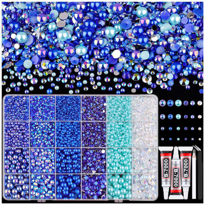 Picture of 9000PCS Flatback Pearls and Rhinestones for Crafting, Dark Blue 3-10mm Resin Rhinestones and Half Pearls for Bedazzling, Nail Art and Dec with 3pcs B7000 Jewelry Glue, Tweezer and Pickup Pencil