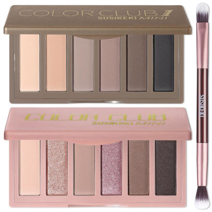 Picture of SUSIKEKI 2PCS 6 Colors Mini Naked Eyeshadow Palette Makeup with Brush Set Neutral Nude Eye Shadow Pink & Brown Matte Shimmer Make Up Pallet with Mirror Highly Pigmented Travel Size Gift Kit