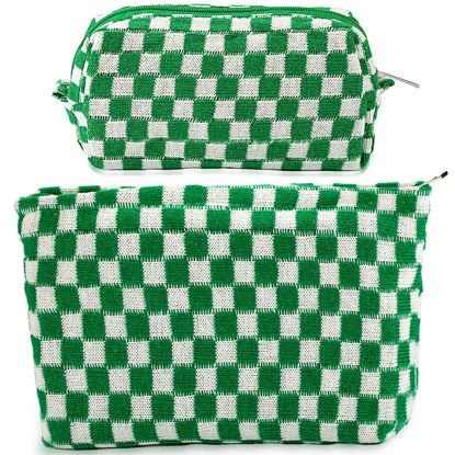 Picture of ZLFSRQ 2Pcs Checkered Makeup Bag for Women Large Cosmetic Bag Set Travel Toiletry Bag Makeup Pouch Bag for Purse Green Zipper Storage Bag Organizer Cute Small Aesthetic Girls Car Essentials Bag