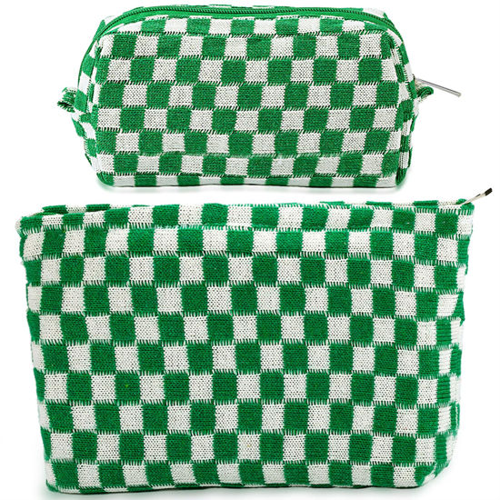 Picture of ZLFSRQ 2Pcs Checkered Makeup Bag for Women Large Cosmetic Bag Set Travel Toiletry Bag Makeup Pouch Bag for Purse Green Zipper Storage Bag Organizer Cute Small Aesthetic Girls Car Essentials Bag