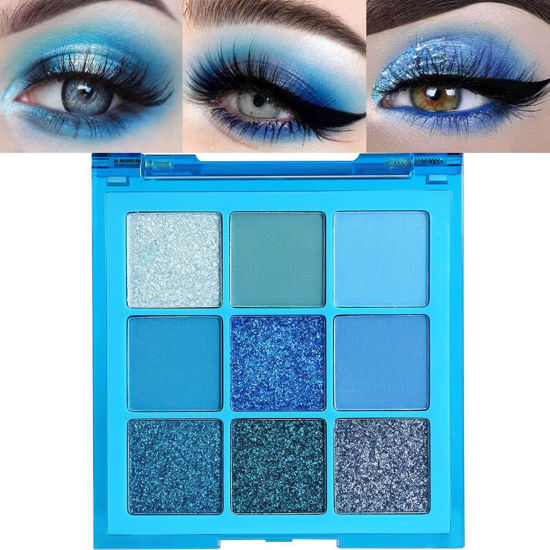 Picture of evpct 9 Colors Dark Light Royal Cobalt Blue Pearl White Glitter Shimmer Eye Shadow Makeup Palette Highly Pigmented Waterproof Matte Glitter Shimmer Daily Party Sparkling Eyeshadow Palett for Girl