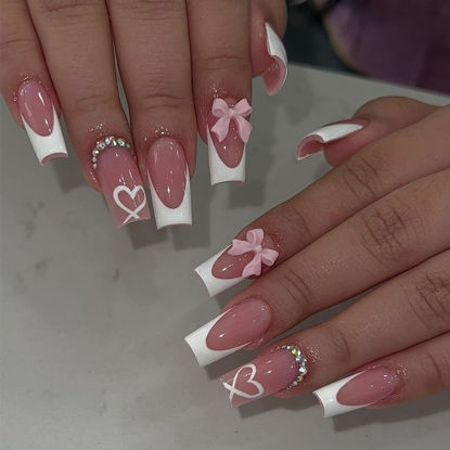 Picture of French Tip Press on Nails with Charms Medium Fake Nails White French Nails Press ons Cute Bow Stick on Nails Long Square Shape Acrylic Nails Heart Nails Rhinestones Nails for Women Daily Wear