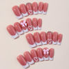 Picture of French Tip Press on Nails with Charms Medium Fake Nails White French Nails Press ons Cute Bow Stick on Nails Long Square Shape Acrylic Nails Heart Nails Rhinestones Nails for Women Daily Wear