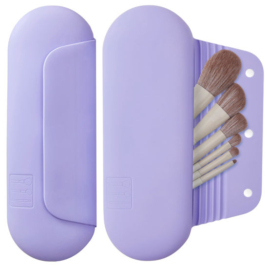 Picture of AGIKET Silicone Makeup Brush Holder Travel Cosmetic Bag：Soft Portable Cosmetic Face Brushes Holder with Upgrade Anti-Fall Out Magnetic Closure, Large Travel Makeup Brush Case - Lavender