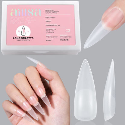 Picture of AILLSA Long Stiletto Nail Tips - Upgraded Matte Soft Gel Full Cover Nail Tips No Filed, 240Pcs Pre-shaped Gelly Tips Acrylic Clear False Press On Nail Tips for Soak Off Nail Extension 10 Sizes