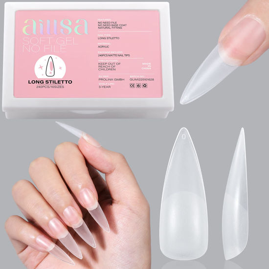 Picture of AILLSA Long Stiletto Nail Tips - Upgraded Matte Soft Gel Full Cover Nail Tips No Filed, 240Pcs Pre-shaped Gelly Tips Acrylic Clear False Press On Nail Tips for Soak Off Nail Extension 10 Sizes