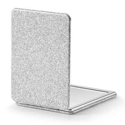 Picture of OMIRO Compact Mirror, Glitter PU Leather 1X/3X Magnification, Ultra Portable for Purses, 2.4" W x 3.4" L (Silver)