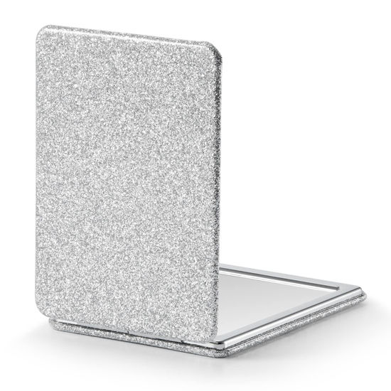 Picture of OMIRO Compact Mirror, Glitter PU Leather 1X/3X Magnification, Ultra Portable for Purses, 2.4" W x 3.4" L (Silver)