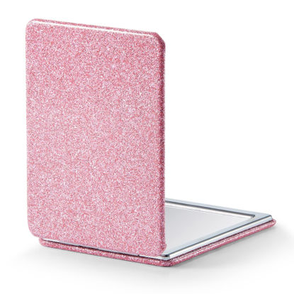 Picture of OMIRO Compact Mirror, Glitter PU Leather 1X/3X Magnification, Ultra Portable for Purses, 2.4" W x 3.4" L (Pink)