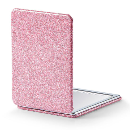 Picture of OMIRO Compact Mirror, Glitter PU Leather 1X/3X Magnification, Ultra Portable for Purses, 2.4" W x 3.4" L (Pink)