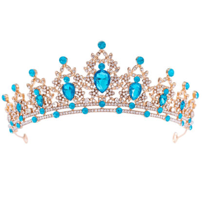 Picture of FORSEVEN Crystal Tiaras for Women, Wedding Tiaras and Crowns for Women Tiaras for Girls Birthday Party Princess Crown Hair Accessories Bride Rhinestone Headbands (Gold+Lake Blue)