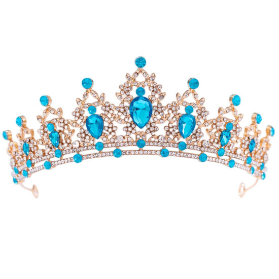 Picture of FORSEVEN Crystal Tiaras for Women, Wedding Tiaras and Crowns for Women Tiaras for Girls Birthday Party Princess Crown Hair Accessories Bride Rhinestone Headbands (Gold+Lake Blue)