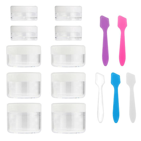 Picture of Accmor 10 Pieces Makeup Travel Containers with Lids 3/5/10/15/20 Gram Size Cosmetic Jars with 5 Pieces Mini Spatulas for Gift(White Color)