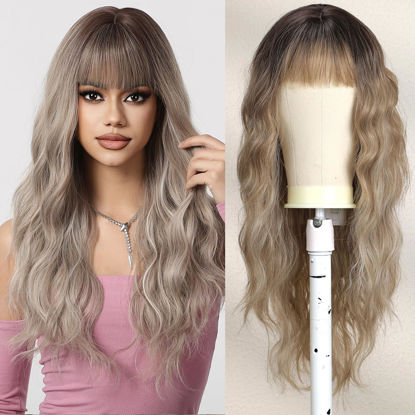 Picture of Esmee Long Curly Ombre Ash Blonde Wigs with Bangs,Wig for Women Wig Synthetic Hair Wig for Daily Party Cosplay Use 24 Inch