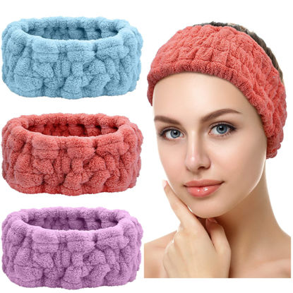 Picture of Chuangdi 3 Pieces Elastic Headband for Makeup, Yoga, Sports Shower - Head Wrap for Women and Girls (Red, Blue, Purple)