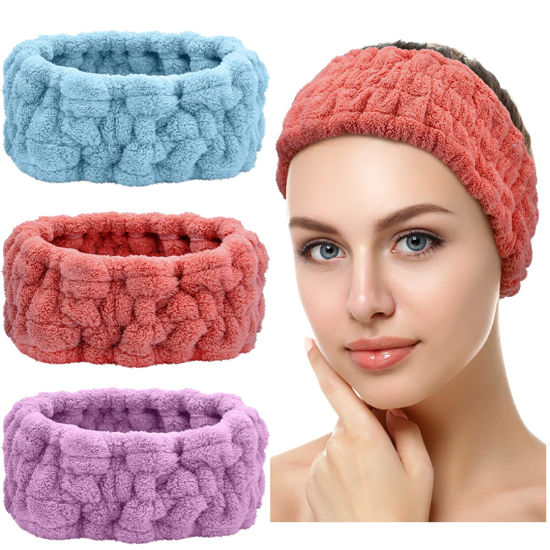 Picture of Chuangdi 3 Pieces Elastic Headband for Makeup, Yoga, Sports Shower - Head Wrap for Women and Girls (Red, Blue, Purple)