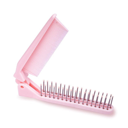 Picture of RHOS Portable Travel Mini Hair Brush - Compact Foldable Double-Headed Detangling Comb for Purse, Bags - Pocket-Size for Women and Girls (Pink)