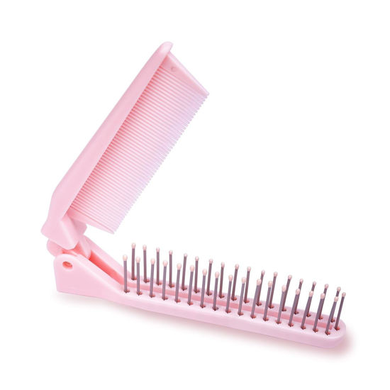 Picture of RHOS Portable Travel Mini Hair Brush - Compact Foldable Double-Headed Detangling Comb for Purse, Bags - Pocket-Size for Women and Girls (Pink)