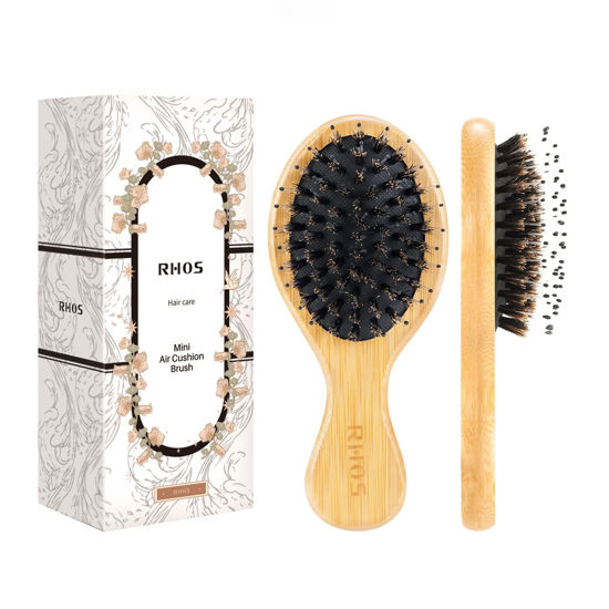 Picture of RHOS Mini Boar Bristle Hair brush for Women/Men/Kids-Small bamboo Paddle Brush for Smoothing/Detangling/Adding Shine-Travel Size bamboo Hair Brush for Pocket,Bag