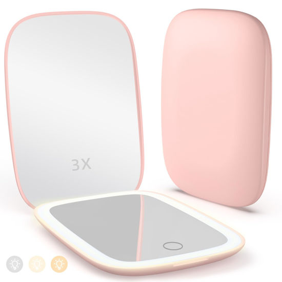 Picture of Rechargeable Travel Mirror with Lights 3 Color Modes,1X/3X Magnification Mini Led Compact Makeup Mirror for Purse, Travel Essentials Gifts Stocking Stuffers for Girls Women - Pink