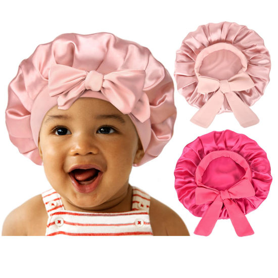 Picture of YANIBEST 2 PCS Baby Bonnet Toddler Silk Bonnet for Kids Sleeping Cap Curly Natural Hair Baby Bonnets for Girls Boys Infant Newborn