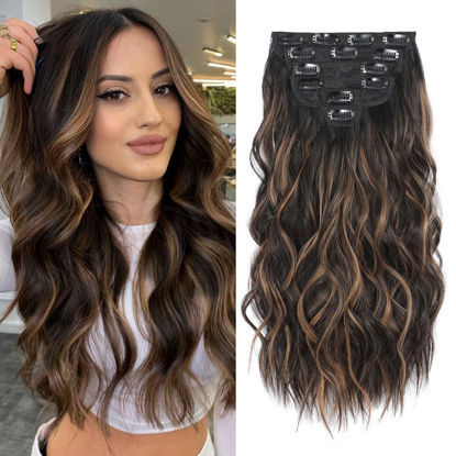 Picture of Fliace Clip in Hair Extensions, 6 PCS Natural & Soft Hair & Blends Well Lonng Wavy Hairpieces(20inch, 6pcs, Black&Dark mix light brown)