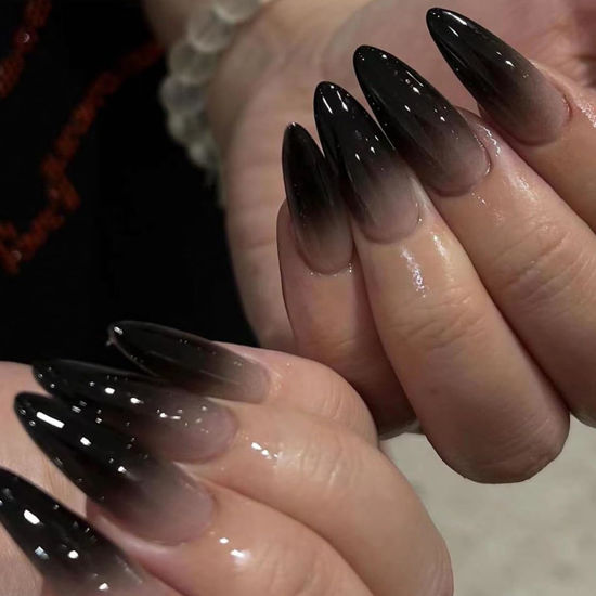Picture of Almond Press on Nails Short Black Fake Nails Press ons Medium False Nails with Designs Ombre Glossy Full Cover Acrylic Glue on Nails Cute Artificial Stick on Nails for Women Nail Art Decoration 24Pcs