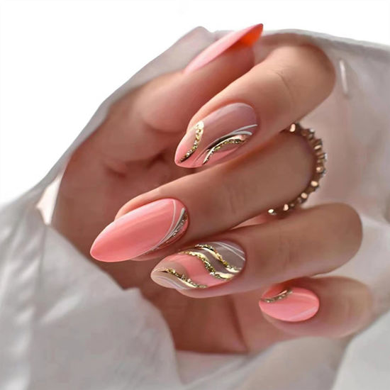 Picture of Pink Press on Nails Almond Medium Fake Nails with Design Gold Swirl False Nails Press ons Acrylic Glue on Nails Cute Glossy Full Cover Artificial Stick on Nails for Women Manicure 24Pcs