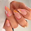 Picture of Orange Press on Nails Medium Almond Fake Nails False Nails with Design Gold Glitter Swirl Wave Acrylic Glue on Nails Artificial Glossy Stick on Nails for Women Girls Manicure Decoration 24Pcs