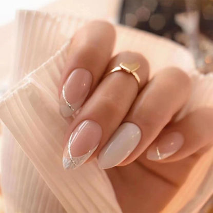 Picture of Alomnd Press on Nails Short Fake Nails Almond False Nails Press ons with Designs White Glitter Swirl Glue on Nails Cute Acrylic Nails Glossy Full Cover Artificial Stick on Nails for Women Manicure