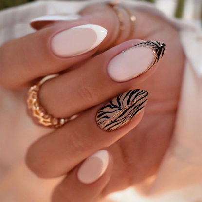 Picture of Almond Press on Nails Medium Fake Nails with Designs White French Tip False Nails Press ons Glitter Line Zebra Print Glossy Acrylic Glue on Nails Full Cover Artificial Stick on for Women Supplies