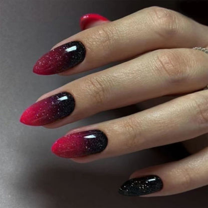 Picture of Red Press on Nails Almond Short Fake Nails with Designs Ombre Red Black False Nails Press ons Glossy Full Cover Acrylic Glue on Nails Cute Artificial Stick on Nails for Women Manicure 24Pcs