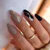 Picture of Almond Press on Nails Medium Fake Nails with Designs Brown Black False Nails Press ons Gold Foil Matte Full Cover Acrylic Glue on Nails Cute Artificial Stick on for Women Decorations 24Pcs