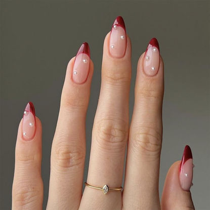 Picture of Rde French Tip Press on Nails Almond Medium Fake Nails with Design Pearl False Nails Press ons Glossy Full Cover Acrylic Glue on Nails Cute Artificial Stick on Nails for Women Manicure 24Pcs