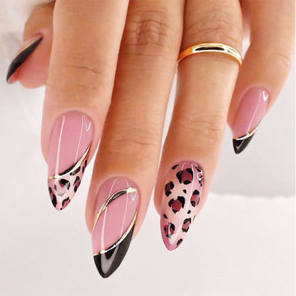 Picture of Alomnd Press on Nails Medium Fake Nails Leopard Print False Nail Press ons with Design French Tip Acrylic Glossy Full Cover Glue on Nails Cute Artificial Nails Stick on Nails for Women Manicure 24Pcs