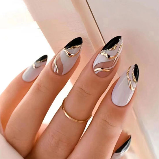Picture of Almond Press on Nails Short Fake Nails White False Nails Press ons with Designs Gold Glitter Black Glue on Nails Glossy Full Cover Acrylic Nails Artificial Stick on Nails for Women Decorations 24Pcs