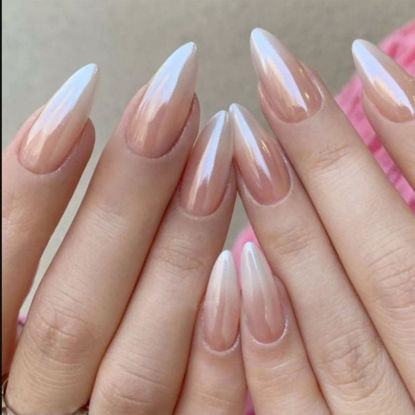 Picture of Chrome Press on Nails Almond Medium Fake Nails with Design Ombre False Nails Press ons Shiny Glossy Full Cover Acrylic Glue on Nails Cute Artificial Stick on Nails for Women Manicure 24Pcs
