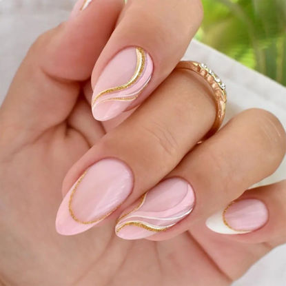 Picture of Pink Press on Nails Medium Almond Fake Nails French Tip False Nails Press ons with Gold Glitter Designs Glossy Full Cover Acrylic Glue on Nails Swirl Wave Stick on Nails for Women Manicure 24Pcs