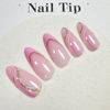 Picture of Pink Press on Nails Medium Almond Fake Nails French Tip False Nails Press ons with Gold Glitter Designs Glossy Full Cover Acrylic Glue on Nails Swirl Wave Stick on Nails for Women Manicure 24Pcs