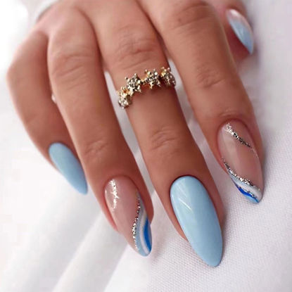 Picture of Blue Press on Nails Short Almond Fake Nails Press ons Glitter False Nails with Designs Wave Glossy Full Cover Acrylic Glue on Nails Cute Artificial Stick on Nails for Women Manicure Decoration 24Pcs