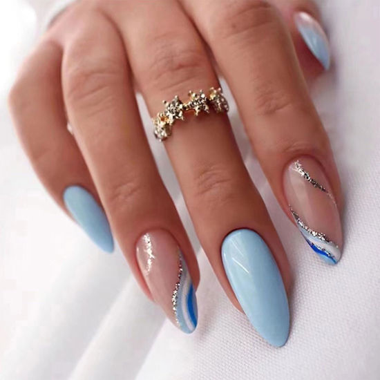Picture of Blue Press on Nails Short Almond Fake Nails Press ons Glitter False Nails with Designs Wave Glossy Full Cover Acrylic Glue on Nails Cute Artificial Stick on Nails for Women Manicure Decoration 24Pcs
