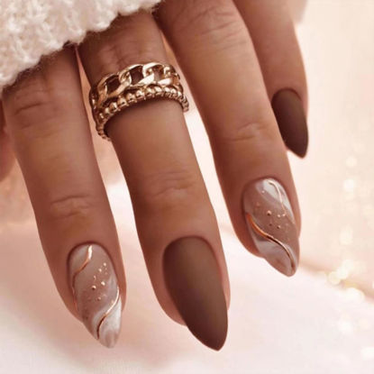 Picture of Almond Press on Nails Medium Fake Nails with Designs Brown False Nails Press ons Gold Line Acrylic Glue on Nails Matte Full Cover Cute Artificial Stick on Nails for Women Nails Decorations 24Pcs