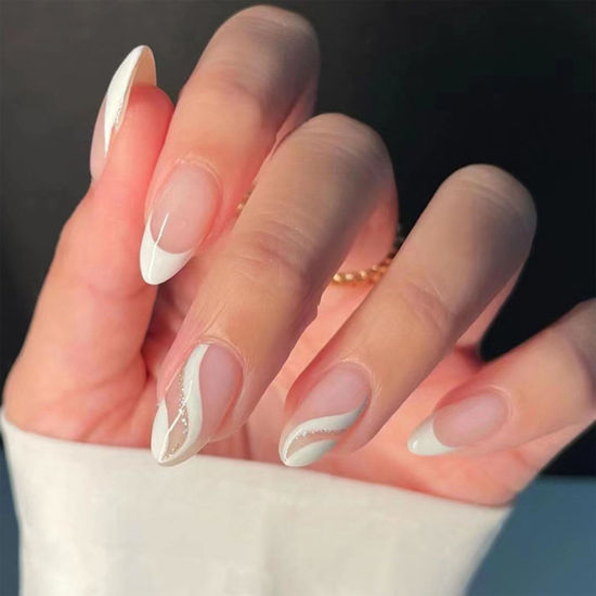 Picture of French Tip Press on Nails Almond Medium Fake Nails White French Tip False Nails with Glitter Swirl Design Glossy Full Cover Acrylic Glue on Nails Artificial Stick on Nails for Women Manicure 24Pcs